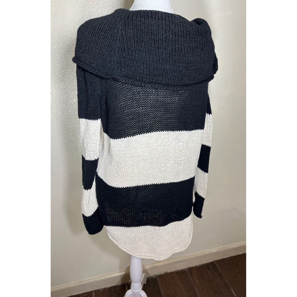 Pure Handknit Black Cream Stripe Cowl Neck Sweater L XL - Picture 2 of 7